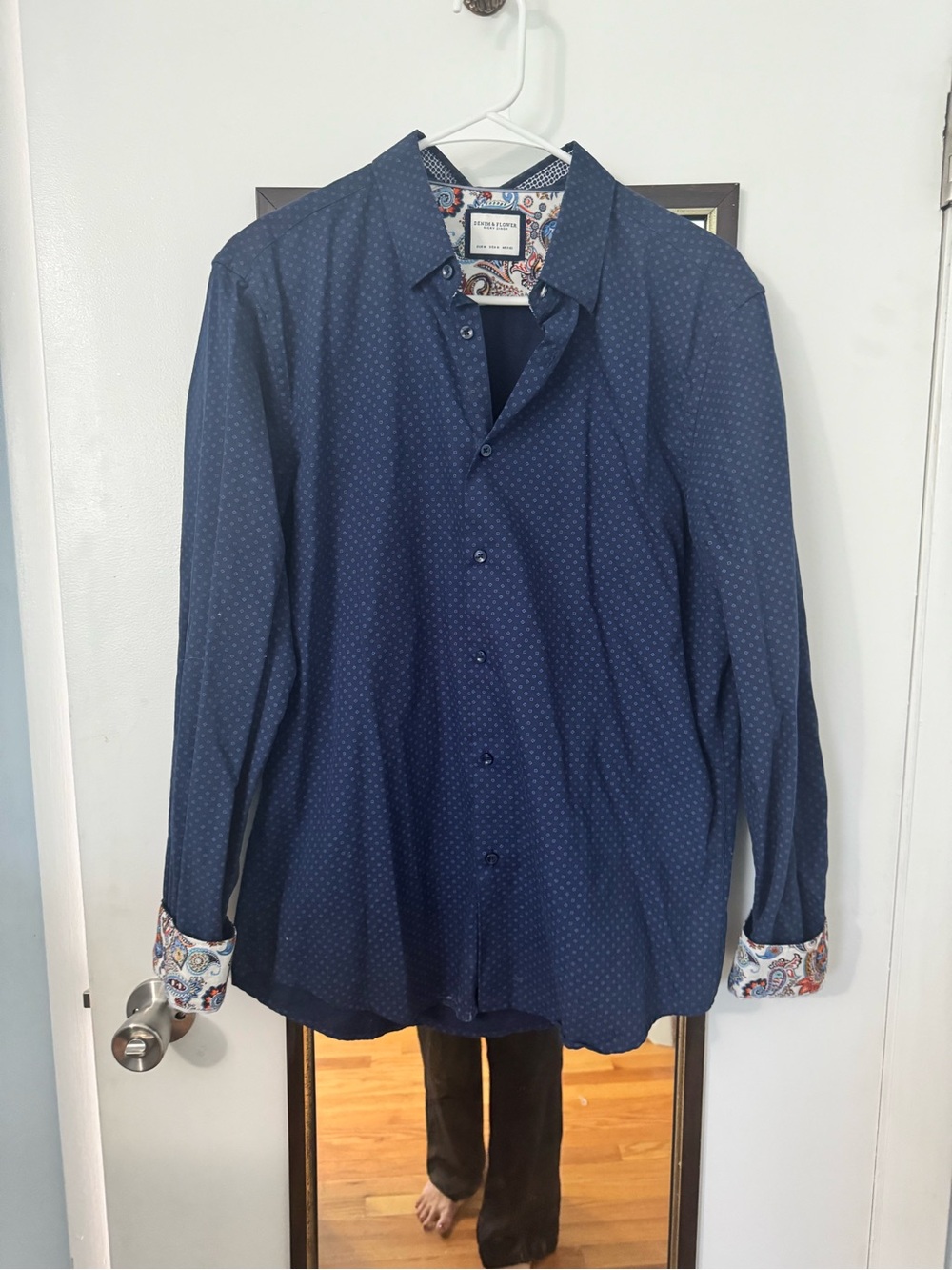 Denim & Flower Navy Button-Down Shirt with Paisley Trim